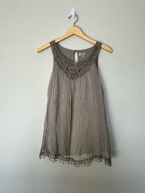 Via Signoria Italian Silk Tank Top Crochet Lace Trim Boho Lagenlook Taupe Size L